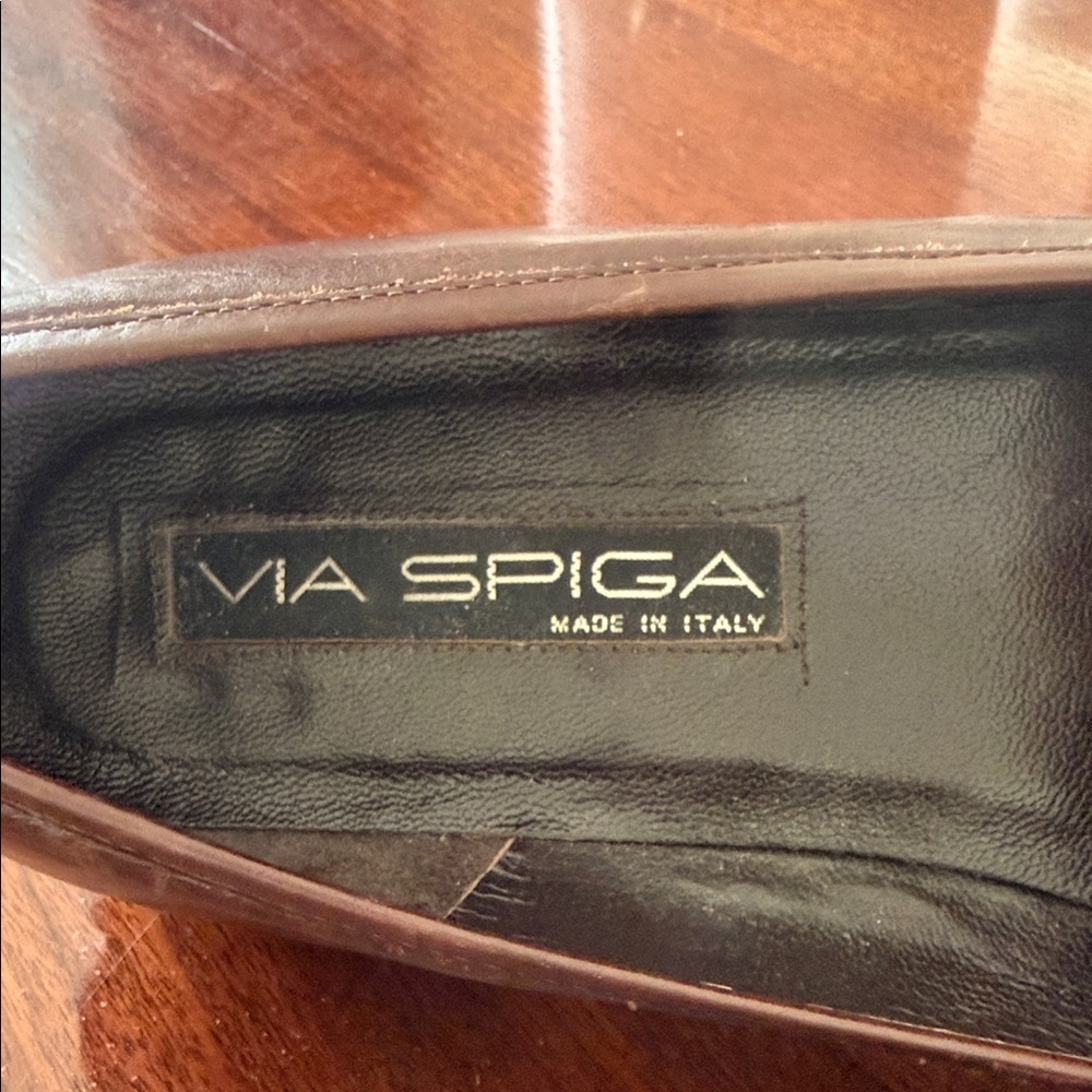 Via Spiga Brown Leather Bit-Trim Slip-On Loafers - Picture 6 of 7